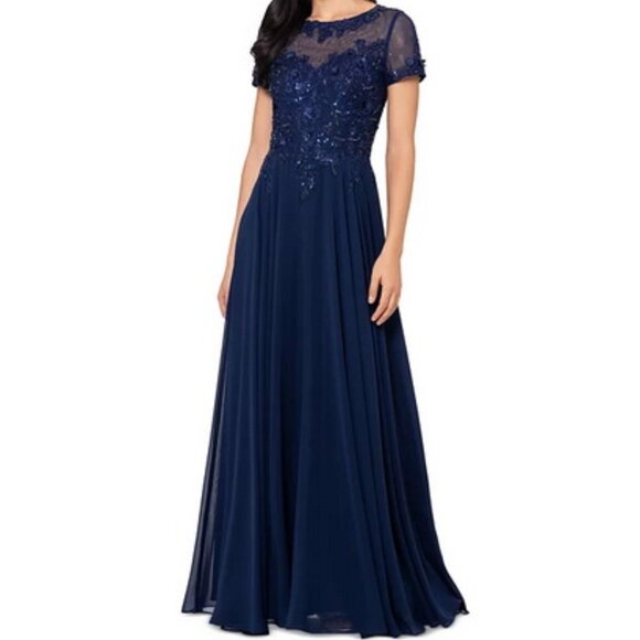 Xscape Navy Blue Beaded Mesh Gown - Picture 1 of 4